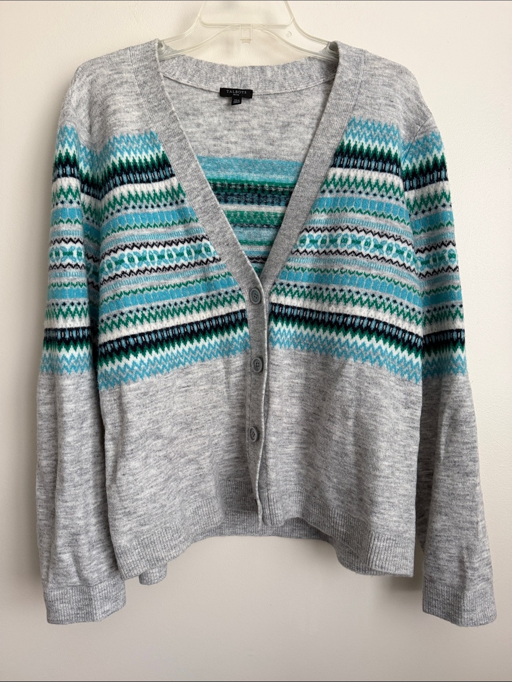Talbots Light Gray Fair Isle V-Neck Button Cardigan